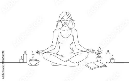 Line art drawing of a woman meditating at home with candles, tea, and a book for self care