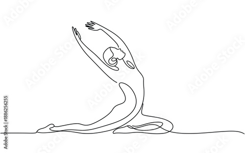 One line drawing of a woman in an elegant yoga stretch pose for fitness and flexibility concepts