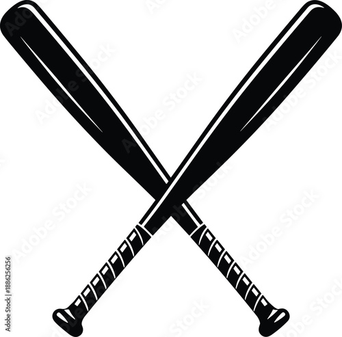 Crossed baseball bats silhouette icon isolated on white background, vintage sports emblem, baseball equipment symbol for logos, apparel, posters, and graphic design