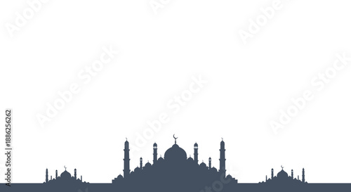 Silhouette of a mosque with minarets and domes against a white background, representing a place of Muslim worship during ramadan kareem or lebaran ied mubarak celebrations.