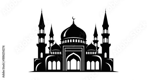 Black silhouette illustration of a mosque with minarets and domes on a white background, symbolizing Islam and Muslim culture during Ramadan Kareem or Lebaran Idul Fitri celebrations.