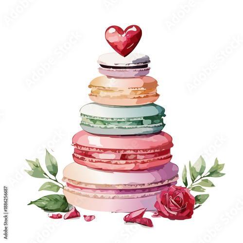 Valentines Watercolor Macaron Tower – Romantic French Dessert Illustration