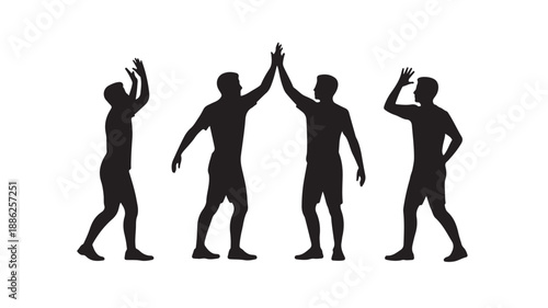 Silhouetted men celebrating with high fives in dynamic poses against a white background for corporate branding