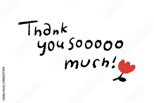 Thank youの手描き文字と赤いハートで感謝を伝えるシンプルでかわいいメッセージイラスト