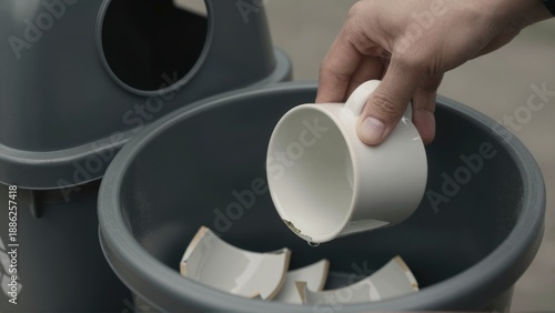 Hand holding broken ceramic mug and pieces over a trash bin discard waste