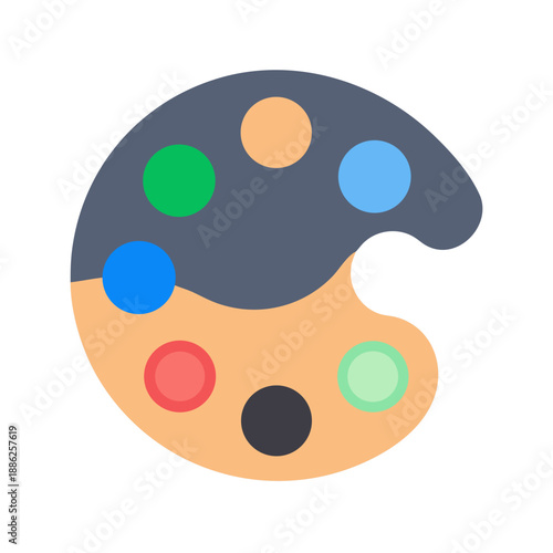 Vibrant artist color palette icon, flat design, representing creativity and design, solid multicolor flat tones on white background.