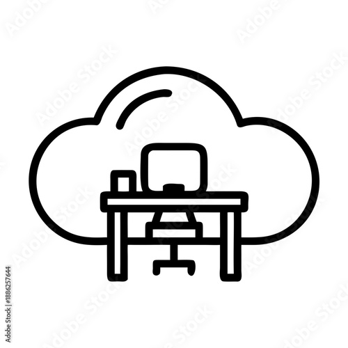 Remote work cloud desk icon, symbolizing freelance and flexibility, minimal flat design, single color on white background, UI ready.
