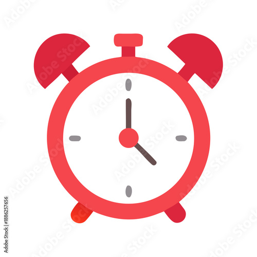 Single alarm clock icon, representing time and punctuality, flat design with solid red color on white background.