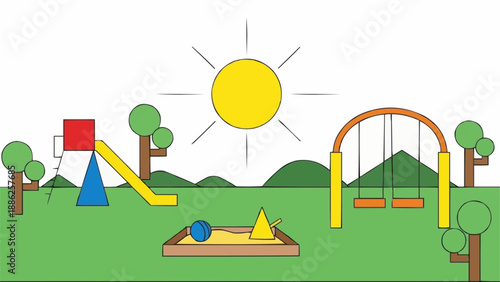 Sunny day at a colorful childrens playground with slide and swings.