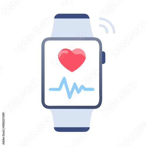 Health monitoring wearable icon, symbolizing medical technology and fitness, clean flat design with heartbeat line, mono color on white background.