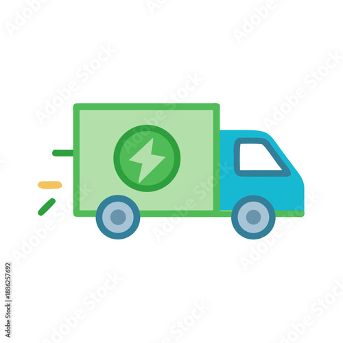 Green electric delivery truck icon, symbolizing eco-friendly logistics and transport, minimalist flat design on white background.