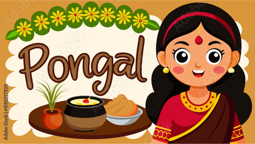 Pongal festival banner, South Indian woman in traditional saree preparing dish, warm cozy colors, elegant typography.