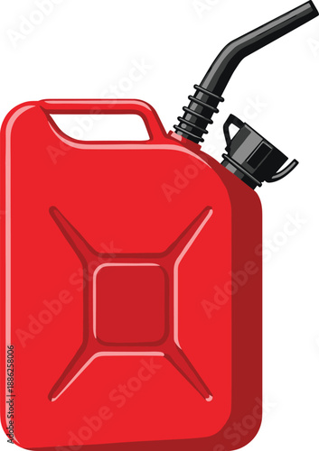 Red fuel can with spout and handle, ready for refueling vehicles or equipment, often used in transportation and industry settings, depicted from a frontal viewpoint