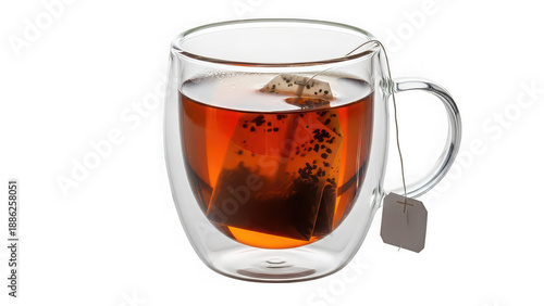 A clear glass mug of tea with a tea bag on a black background