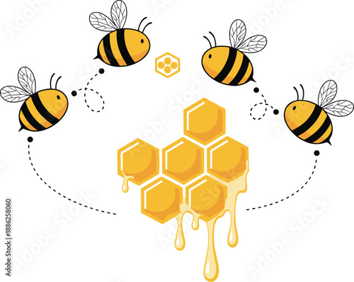 Honeycomb with flying bees illustration isolated on white background, dripping golden honey hexagon pattern, beekeeping, nature, organic food concept for design use