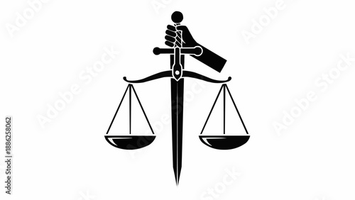 Symbol of justice with scales and sword held by hand.