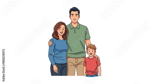 Smiling cartoon family portrait depicting happy parents and their young son, celebrating togetherness and love in a vibrant illustration of modern family life