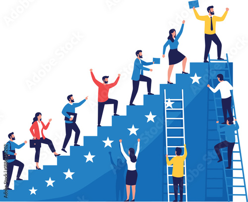 Diverse group of professionals climbing a staircase with stars, celebrating success and achievement from various viewpoints.