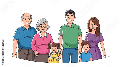 A loving multi-generational family, including grandparents, parents, and children, poses together for a heartwarming portrait