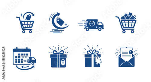 Ecommerce icons representing online shopping experience