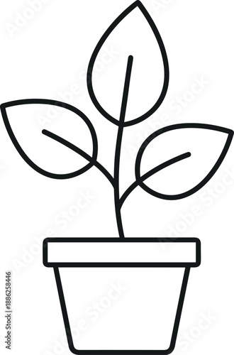 Simple line drawing of a plant in a pot viewed from the front with three leaves and a stem