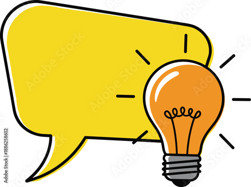 Illustration of a bright idea represented by a lightbulb inside a speech bubble, symbolizing conversation and creativity, from a straightforward viewpoint.