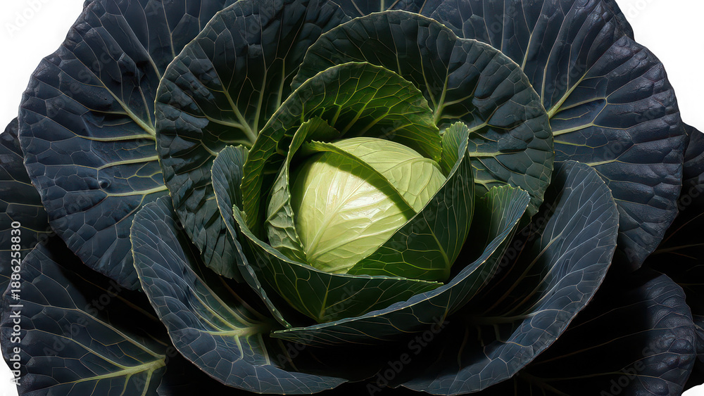 Obraz premium A close-up view of a vibrant green cabbage with dark leaves on a black background