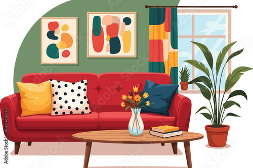 Cozy living room interior with red sofa, plants, and abstract artwork displayed near the window