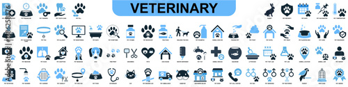 Set of veterinary icon vector for animal clinics. Ideal for pet hospitals, dog grooming services, cat health checkups, and medical treatment symbols.