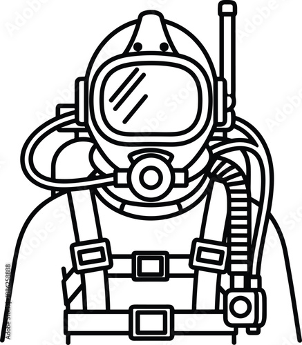 Scuba diver in a diving suit with equipment, underwater exploration, ocean environment, illustration, front view