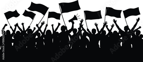 Protest crowd silhouette illustration set, people with flags and megaphone, cad drawing flat vector artwork, black and white theme