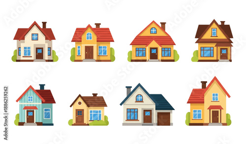 Colorful flat residential house vector set in modern style isolated on transparent background