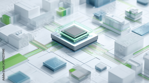 a high-end 3D illustration of a central ESG microchip integrated into a futuristic white miniature city, representing eco-friendly low-power semiconductor technology and sustainable innovation.