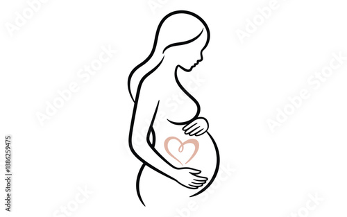 Elegant Maternity Line Art of a Pregnant Mother with Pink Heart Icon