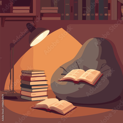 Cozy reading nook with books and lamp in a warm atmosphere.