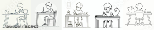 line art of a little boy studying at a desk