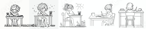 line art of a little girl studying at a desk