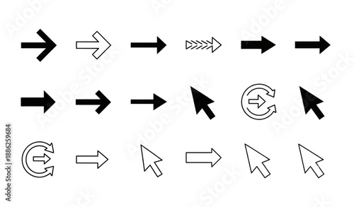 Simple black arrow vector icon collection with cursor and directional symbols isolated on transparent background