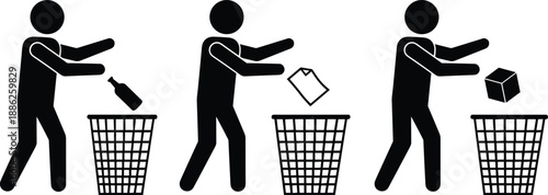 Waste segregation silhouette illustration set, recycling and disposal actions, environmental responsibility concept, cad drawing flat vector artwork, black and white