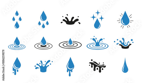 Water droplet icon set with splash effects in flat vector style isolated on transparent background