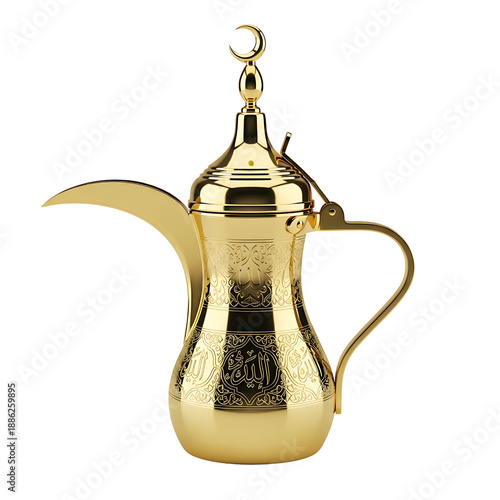 Ornate Gold Arabic Coffee Pot with Crescent Moon Finial isolated on Transparent Background