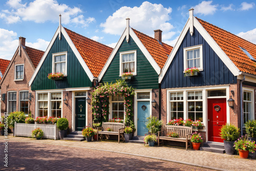 Beautiful wooden houses. Typical small Dutch houses facades in Volendam, Netherlands