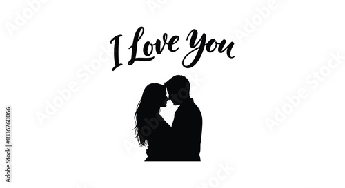 A romantic silhouette of a couple embracing adorned with hearts and the phrase i love you in script