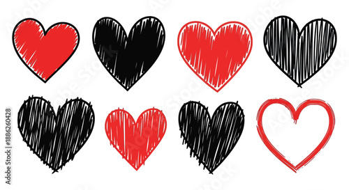 An assortment of hearts is displayed showcasing both solid red and textured black designs in varying styles
