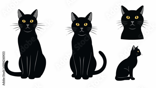 Three Black Cats in Different Poses and a Close-up Portrait.
