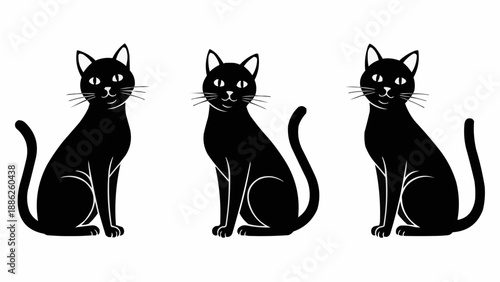 Three Black Cats Sitting and Looking Forward.