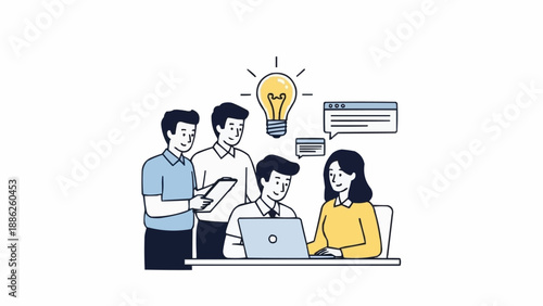 Team collaborating on a new business idea with a bright lightbulb overhead.