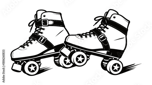 Pair of classic roller skates in black and white illustration style.