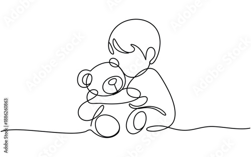 Child Cuddling a Teddy Bear Soft Continuous Line Art Illustration