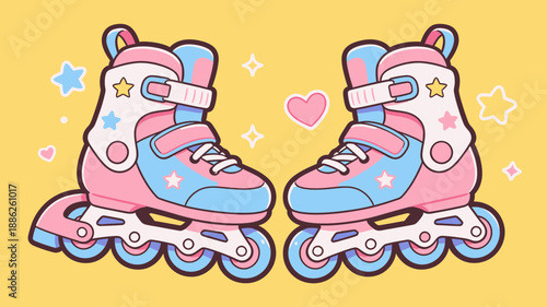 Cute Pink and Blue Roller Skates with Stars and Hearts.